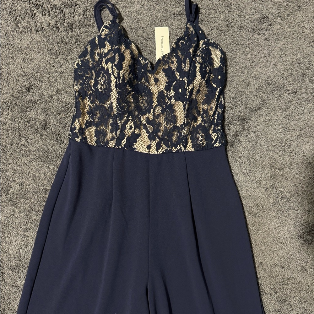Francesca's Collections Navy and Beige Lace Jumpsuit